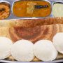 2 in 1 idli dosa batter. image shows dosa and idlis pairred with sambar and chutney