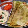 Palak Pesarattu served with coconut chutney and mango pickle