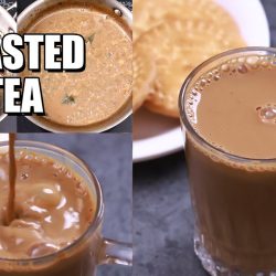 roasted tea served in a glass tea cup with biscuits on the side